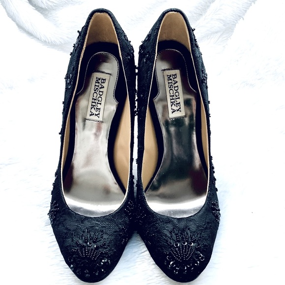 Badgley Mischka Black SANOMA Embellished beaded Lace heels Sz 7 1/2 M - Picture 6 of 11